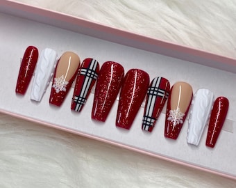 Christmas Nails | winter Nails | Press on Nails | Fake nails | velvet nails | red & white Nails | Sweater Nails | Fall Nails | Autumn Nails