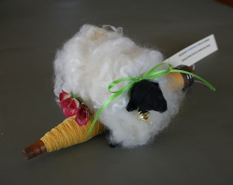 Sheep Decor, Sheep  and Spindle, Handcrafted Wool on Vintage Woolen Mill Spindle, Gift for Sheep Lover