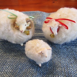 Sheep Decor, Sheep Family of Ram, Ewe & Lamb Figurines with Needle Felted Wool, Farm Raised Merino wool hand felted over ceramic sheep body