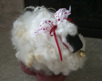 Handmade Merino Wool Sheep Decor: Farmhouse Ornament with Love Ribbon