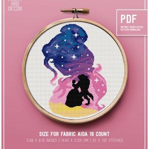 Può includere: Uno schema di punto croce con la silhouette di una donna con i capelli acconciati a forma di galassia. Lo schema è in un cerchio di ricamo circolare in legno ed è pronto per essere ricamato. Lo schema misura 5,68 x 8,10 pollici o 14,60 x 21,00 cm e utilizza 13 colori.