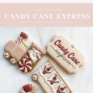 May include: A set of five Christmas-themed sugar cookies decorated with royal icing. The cookies are shaped like a train engine, train car, candy cane crossing sign, and two candy cane filled wagons. The cookies are decorated with red, white, green, and brown icing. The train engine has a Santa Claus figure in the window. The train car has three elves looking out the windows. The candy cane crossing sign has the words "Candy Crossing" and "Cane" written on it. The wagons are filled with candy canes and greenery. The cookies are arranged on a white background. The text "Candy Cane Express" is written in red and white icing on a separate cookie.