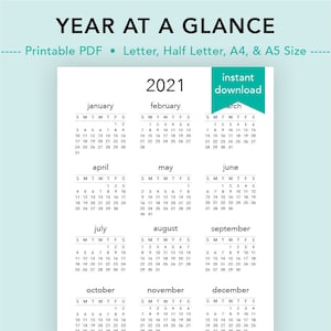 2021 Year at a Glance, 2021 Calendar, Yearly Overview, Yearly Planner, Yearly Calendar, Planner Printable, Letter/Half Letter/A4/A5