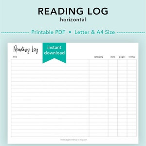 Registro de lectura horizontal, Seguimiento de lectura, Registro de libros, Lista de lectura, Lista de libros, Reseñas de libros, TBR, Diario de lectura, Lista de lectura, Carta/A4