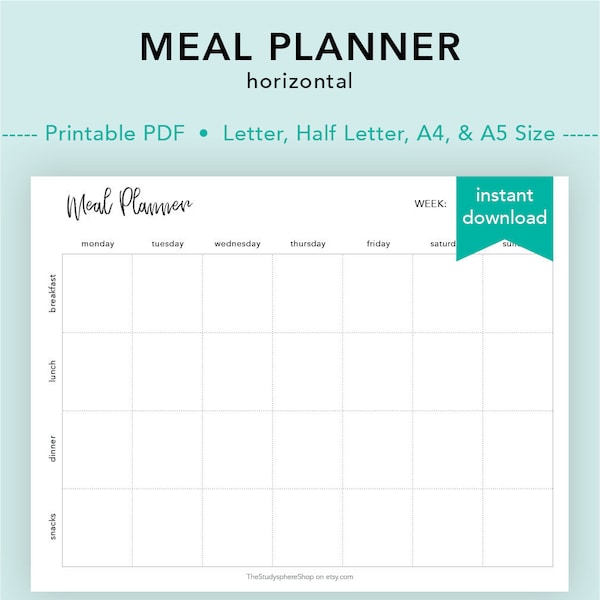 Meal Planner Horizontal, Weekly Meal Tracker, Food Log, Snack Breakfast Lunch Dinner, Meal Plan, Food Calendar, Letter/Half Letter/A4/A5