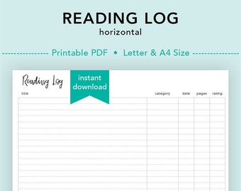 Reading Log Horizontal, Reading Tracker, Book Log, Reading List, Book List, Book Reviews, TBR, Reading Journal, To Be Read List, Letter/A4