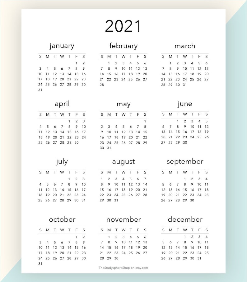 2021 Year At A Glance 2021 Calendar Yearly Overview Yearly Etsy Australia