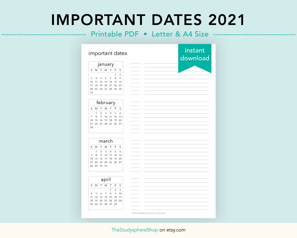 Important Dates 2021, Printable Planner, Event Tracker, Future Log