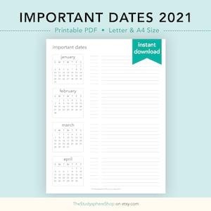 Important Dates 2021, Printable Planner, Event Tracker, Future Log, Month at a Glance, 2021 Dates and Events, Letter/A4 Size