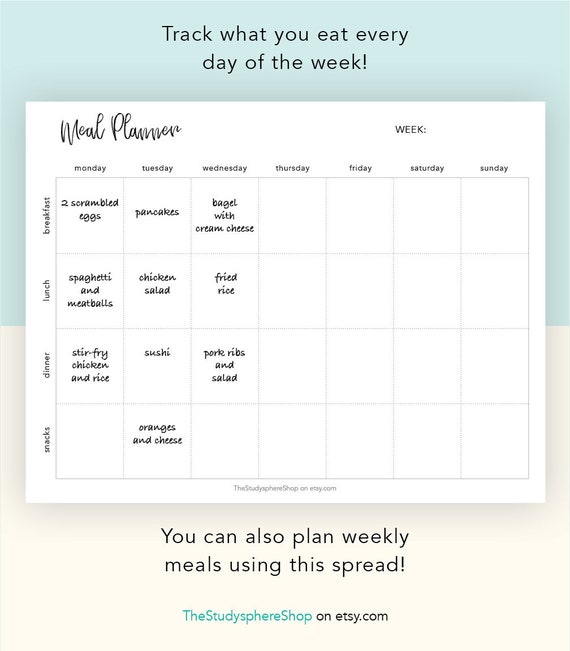 Meal Planner Horizontal, Weekly Meal Tracker, Food Log