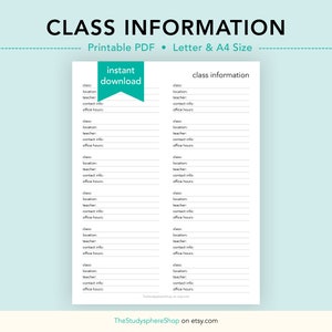 Könnte beinhalten: Ein druckbares PDF-Klasseninformationsblatt mit dem Titel "CLASS INFORMATION" oben. Das Blatt enthält Felder für Klasse, Ort, Lehrer, Kontaktinformationen und Bürozeiten. Die Worte "sofortiger Download" stehen in einem türkisfarbenen Banner.
