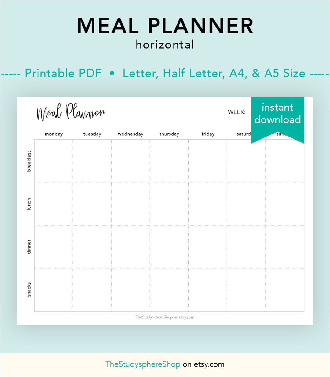 Meal Planner Horizontal, Weekly Meal Tracker, Food Log, Snack Breakfast Lunch Dinner, Meal Plan, Food Calendar, Letter/half Letter/a4/a5 - Etsy for Free Printable Meal Planner With Snacks