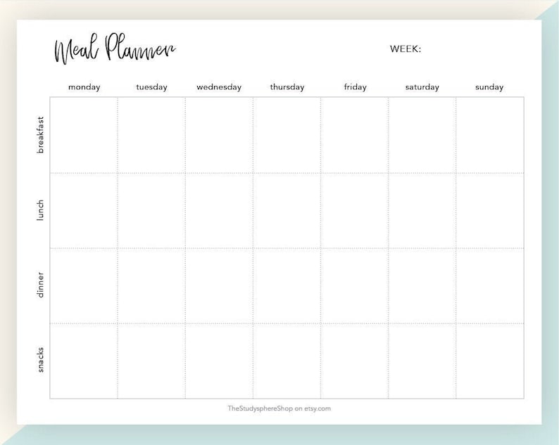 Meal Planner Horizontal, Weekly Meal Tracker, Food Log, Snack Breakfast ...