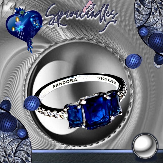 Pandora Silver Blue Rectangular Three Stone Sparkling Ring 192389c01 Size 7.5