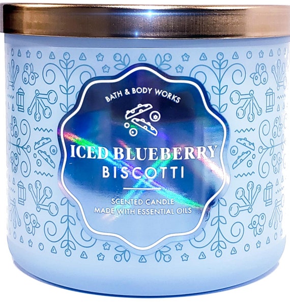 Bath & Body Works Blueberry Biscotti 3 Wick Candle Hologram Glass Style Jar