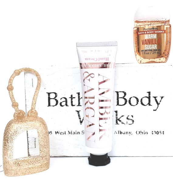 Bath & Body Work Amber Argon Hand Cream, Vanilla Sugar PocketBac, Gold Holder