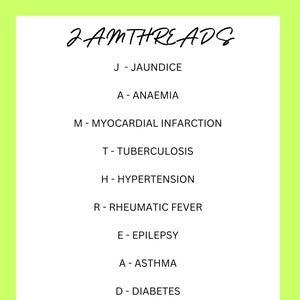 May include: A vertical graphic on a light green background lists health conditions: Jaundice, Anemia, Myocardial Infarction, Tuberculosis, Hypertension, Rheumatic Fever, Epilepsy, Asthma, Diabetes, and Stroke. Additional conditions are listed below. Social media icons are at the bottom.