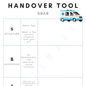 Puede incluir: Un gráfico de herramienta de entrega SBAR blanco y azul con el acrónimo SBAR en letras negras grandes en la parte superior. El gráfico está dividido en cuatro secciones: Situación, Antecedentes, Evaluación y Recomendación. Cada sección tiene una breve descripción de qué incluir en la entrega.