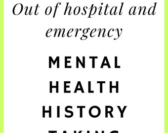 Puede incluir: Una hoja de papel blanca con el texto "Out of hospital and emergency MENTAL HEALTH HISTORY TAKING" y dos ilustraciones de ambulancias a cada lado del texto.