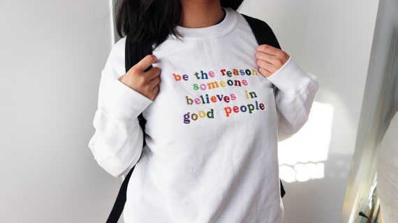 Sweat Shirt Brode Blanc Pull Citation Positive Soyez La Etsy Canada