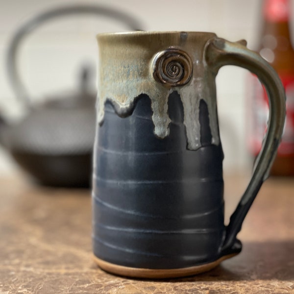 Large Pottery Mug in Black and Blue All Over Satin Matte Glaze