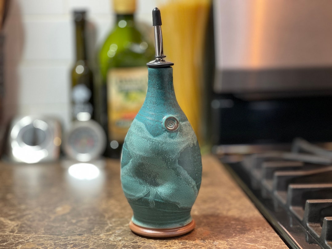 Pottery Olive Oil Cruet Pourer, EVOO Dispenser in Weathered Bronze