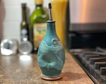 Pottery Olive Oil Cruet Pourer, EVOO Dispenser in Weathered Bronze Green Glaze