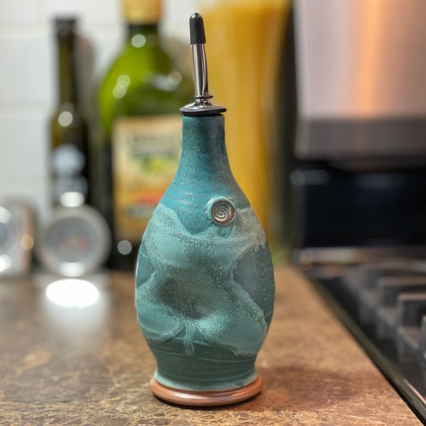 Pottery Olive Oil Cruet Pourer, EVOO Dispenser in Weathered Bronze Green Glaze