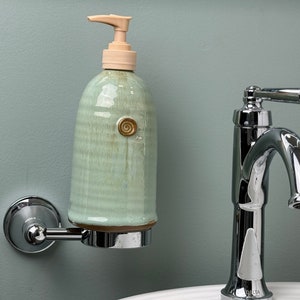 Stoneware Pottery Soap Pump Dispenser in Mr Blue Sky Glaze with tan topper
