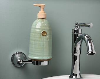 Stoneware Pottery Soap Pump Dispenser in Mr Blue Sky Glaze with tan topper