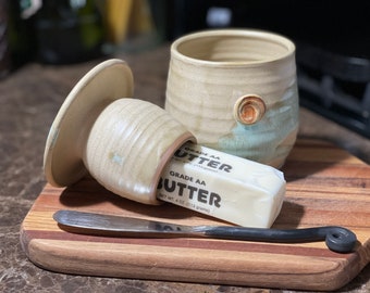 Pottery French Butter Keeper for soft spreadable butter in Morning Zen Satin Matte Glaze