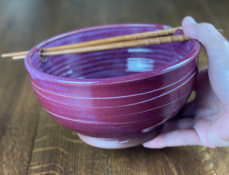 Pottery Noodle Bowl, Ramen Bowl, Pho Bowl, Chopstick Bowl in Raspberry Glaze image 2