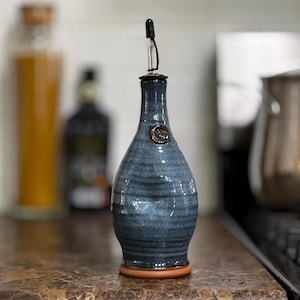 Pottery Olive Oil Cruet, EVOO Dispenser in Blue Glaze