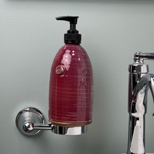 Stoneware Pottery Soap Pump Dispenser in Raspberry Glaze with black topper