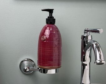 Stoneware Pottery Soap Pump Dispenser in Raspberry Glaze with black topper