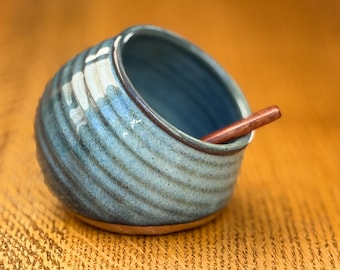 Handmade Pottery Salt Cellar / Salt Pig in Denim Blue Glaze