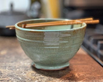 Pottery Noodle Bowl, Handmade Chopstick Bowl in Mr. Blue Skies Glaze