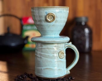 Coffee Pour Over Set, Minimalist Pottery Coffee Dripper in Mr Blue Sky Glaze