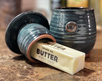 Pottery French Butter Keeper for soft spreadable butter in Blue Glaze