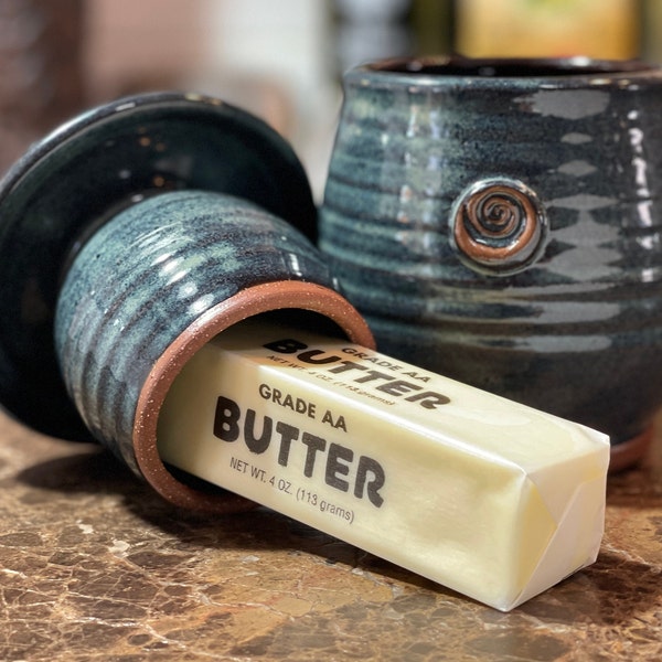 Pottery French Butter Keeper for soft spreadable butter in Blue Glaze