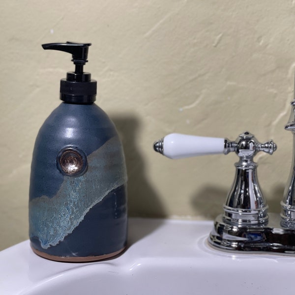 Stoneware Pottery Soap Pump Dispenser in Midnight Zen Satin Matte Glaze