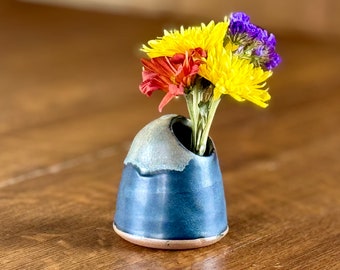 Ikebana Small Flower vase with off center opening in Black and Blue Satin Matte Glaze