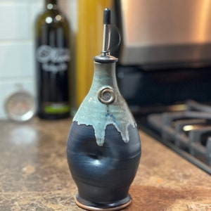 Pottery Olive Oil Cruet Pourer, EVOO Dispenser in Black and Blue All Over Satin Matte Glaze