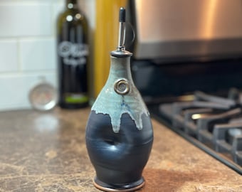 Pottery Olive Oil Cruet Pourer, EVOO Dispenser in Black and Blue All Over Satin Matte Glaze