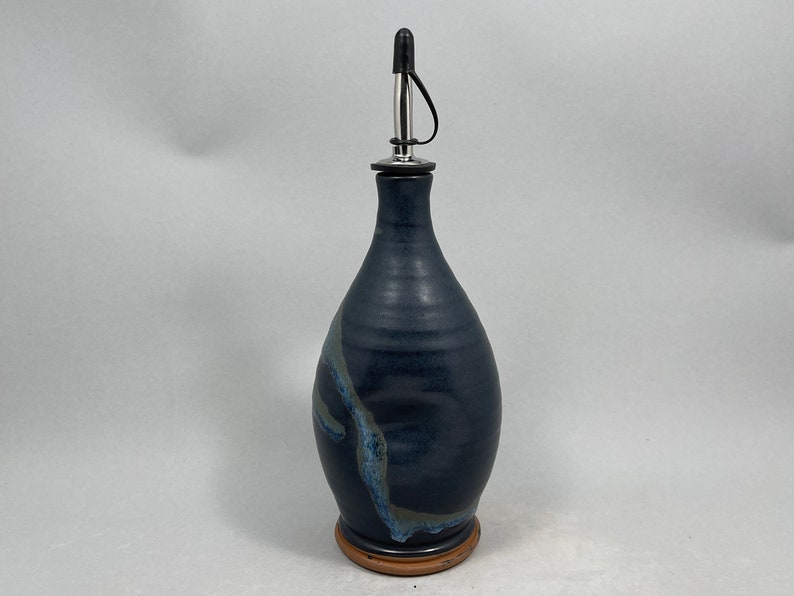 Pottery Olive Oil Cruet Pourer, EVOO Dispenser in Midnight Zen Satin Matte Glaze image 4