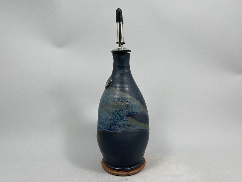 Pottery Olive Oil Cruet Pourer, EVOO Dispenser in Midnight Zen Satin Matte Glaze image 3