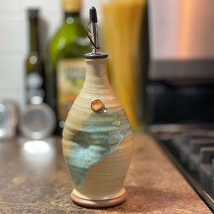 Pottery Olive Oil Cruet Pourer, EVOO Dispenser in Morning Zen Satin Matte Glaze