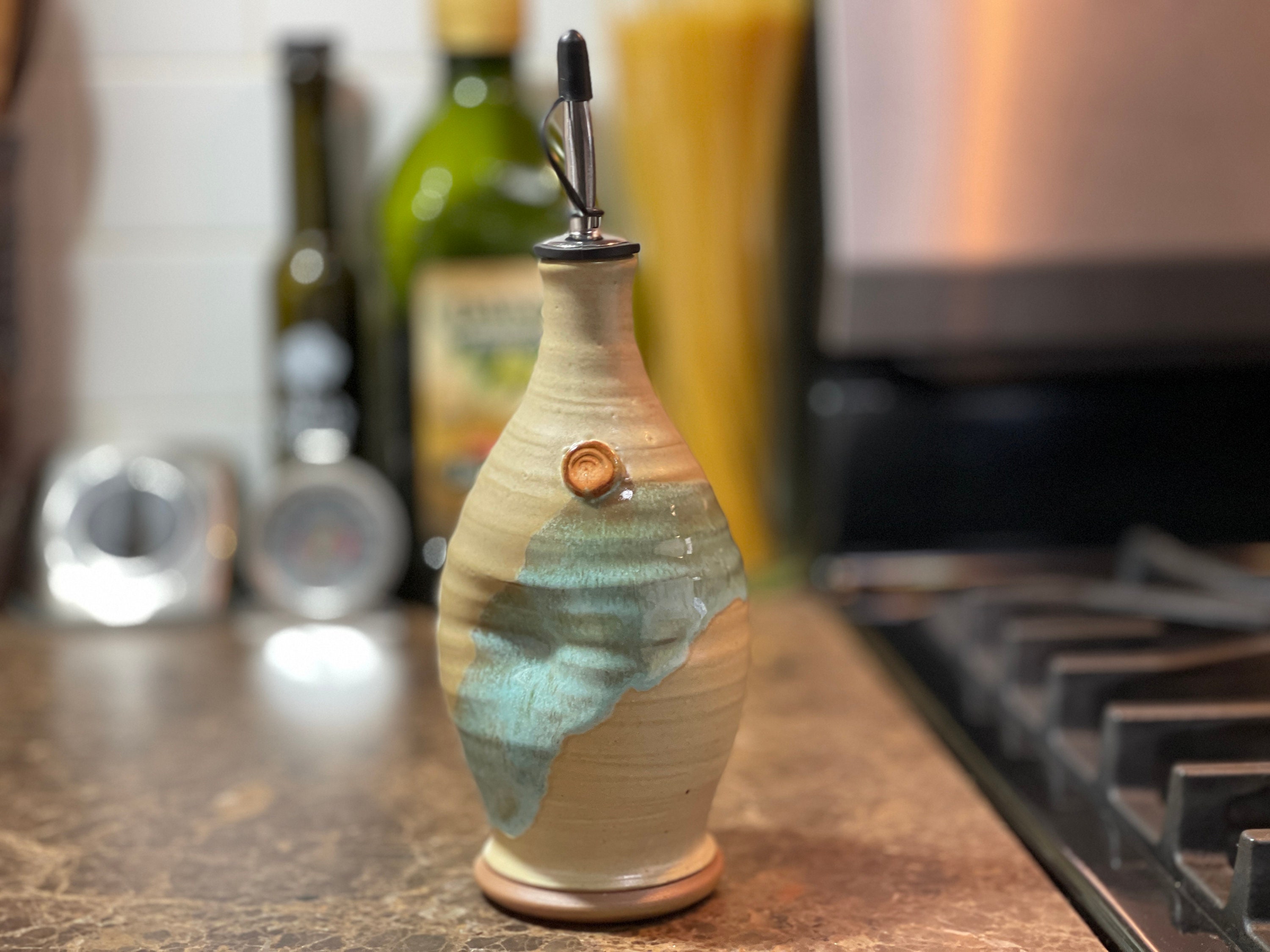 Pottery Olive Oil Cruet Pourer, EVOO Dispenser in Morning Zen