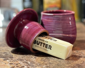 Pottery French Butter Keeper for soft spreadable butter in Raspberry Glaze
