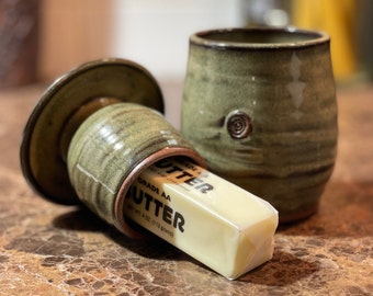 Pottery French Butter Keeper for soft spreadable butter in Sage Green Glaze